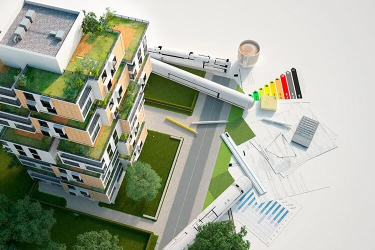 Edificio moderno con planos arquitectónicos