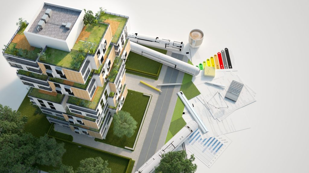Edificio moderno con documentos arquitectónicos